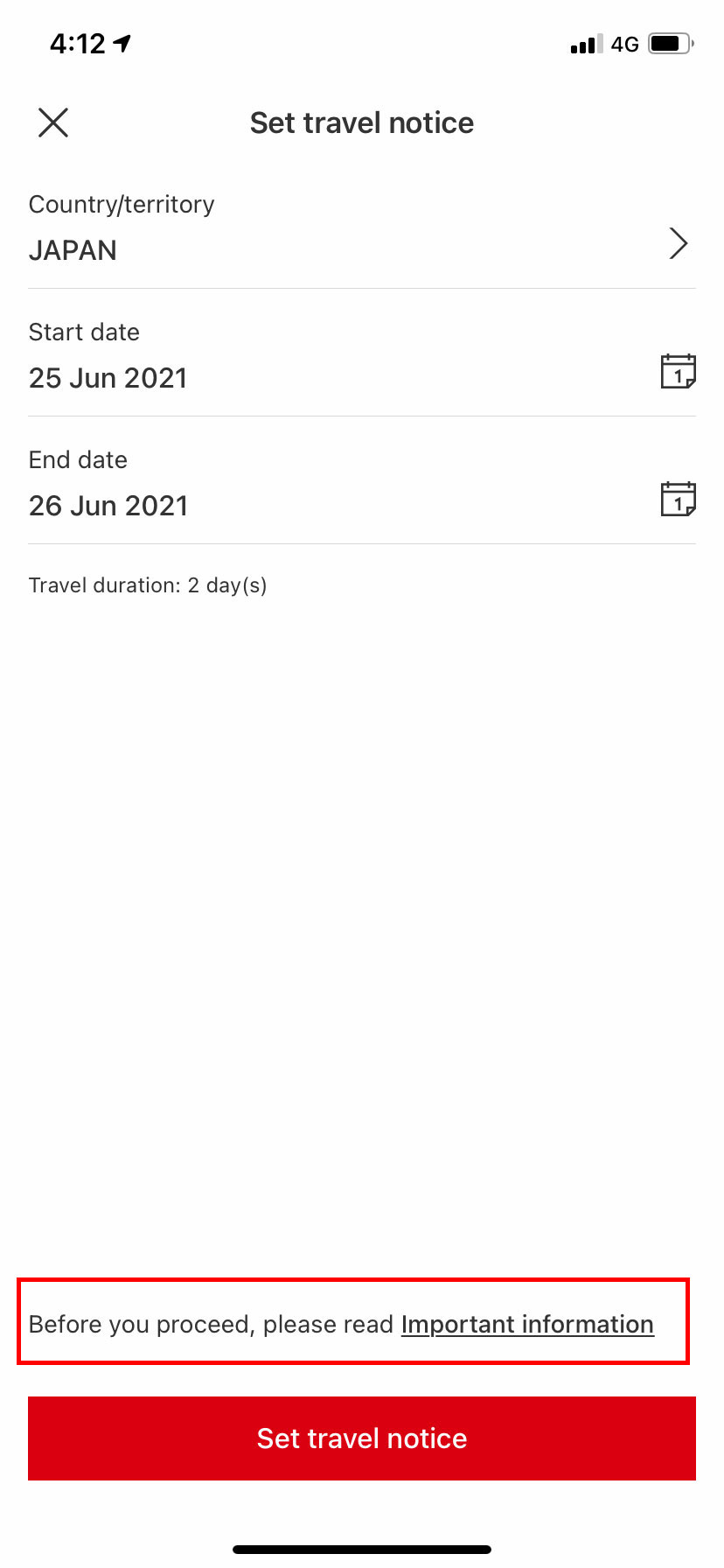 set mobile feature travel notice interface