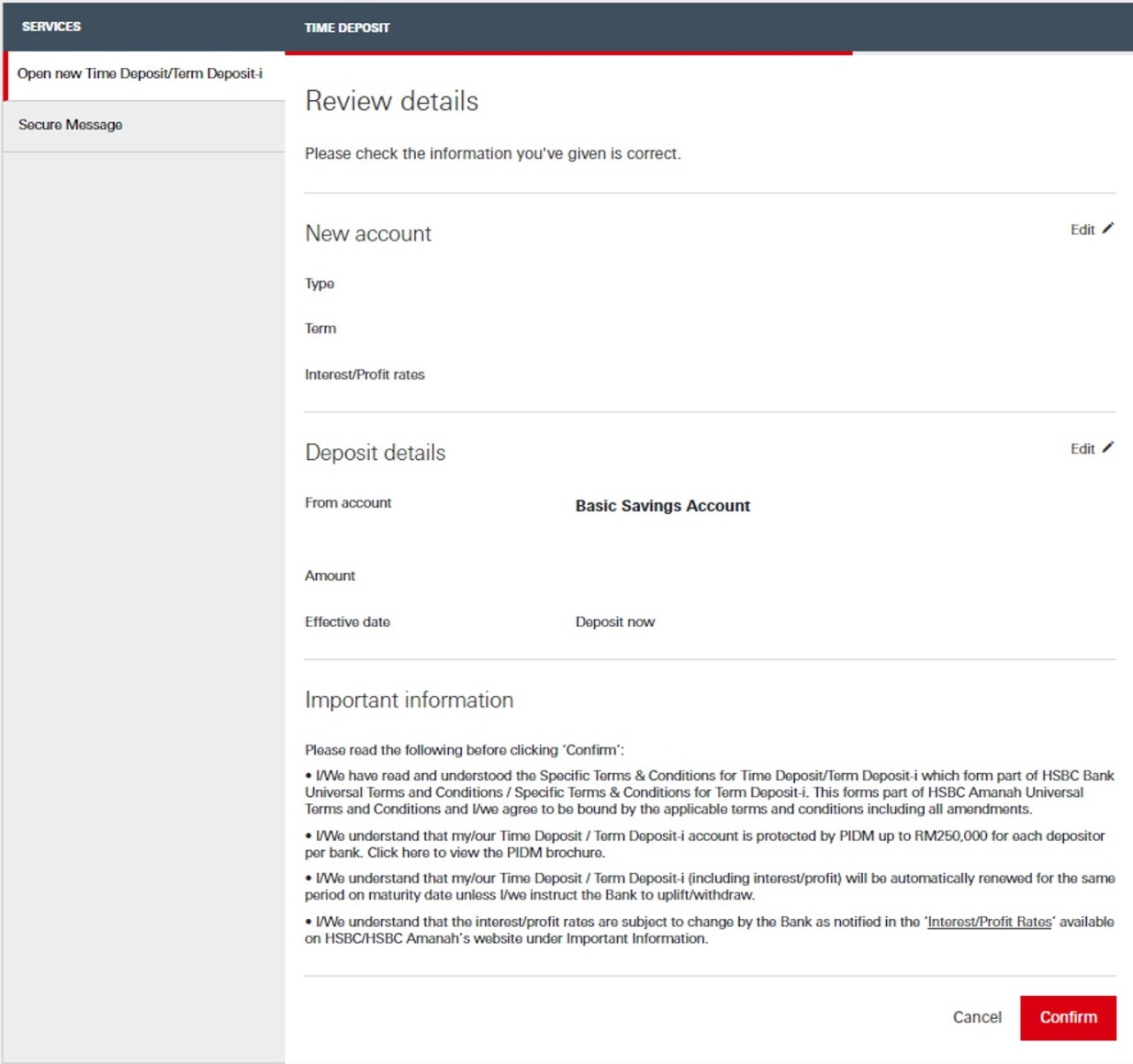 Step 3 review detail page; image used for HSBC Amanah Term Deposit-i page.