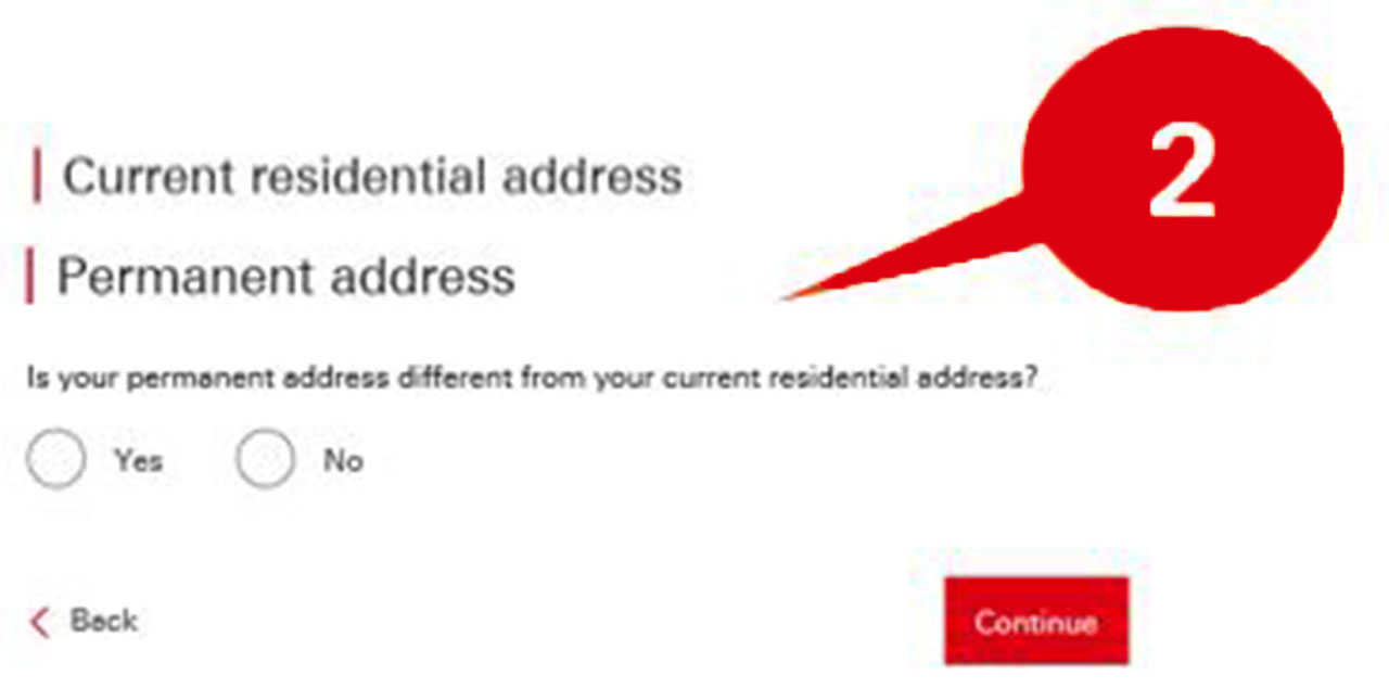Step 2 of online application form, current residential address and permanent address