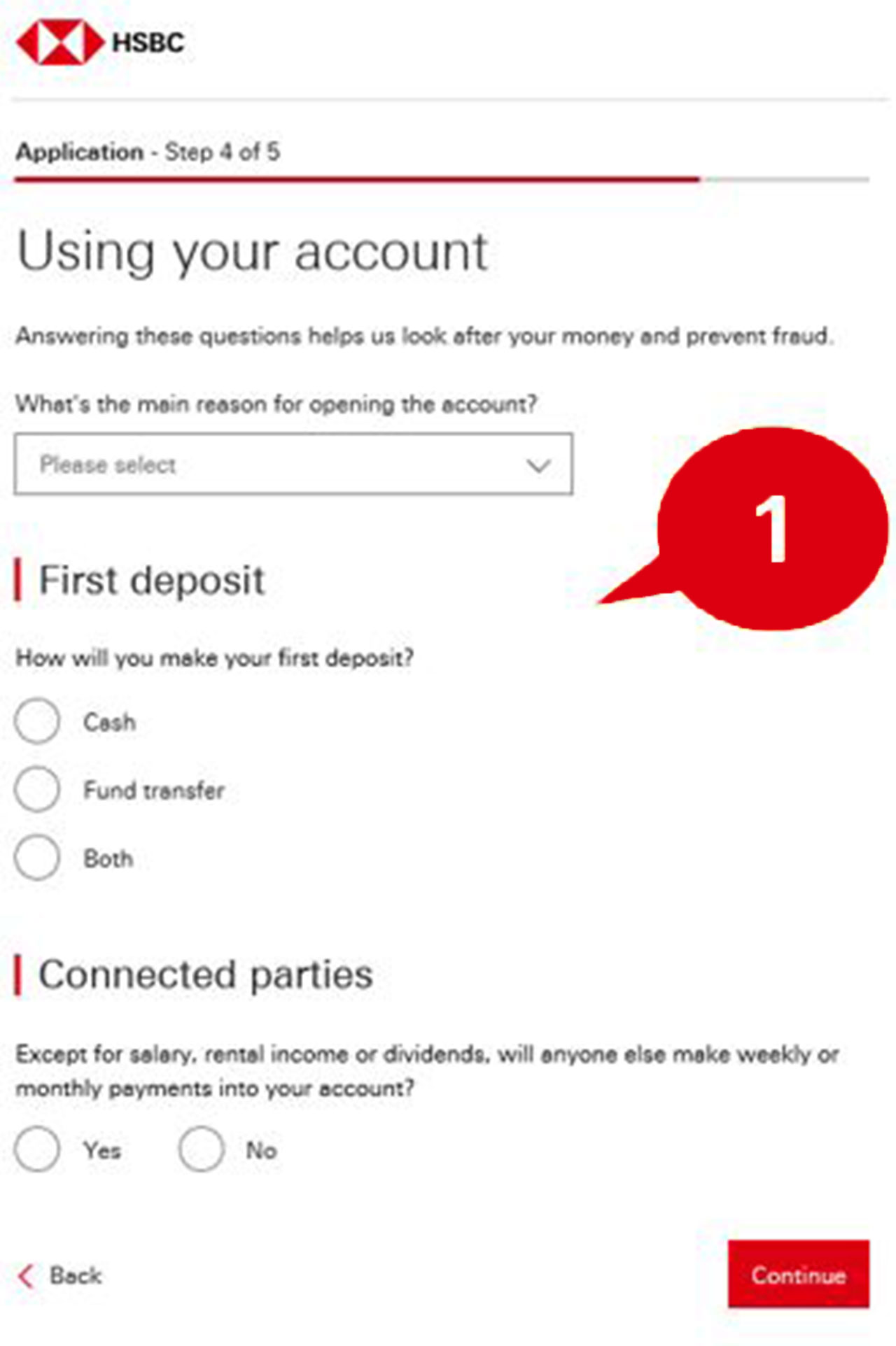 Step 4 of online application form, using your account