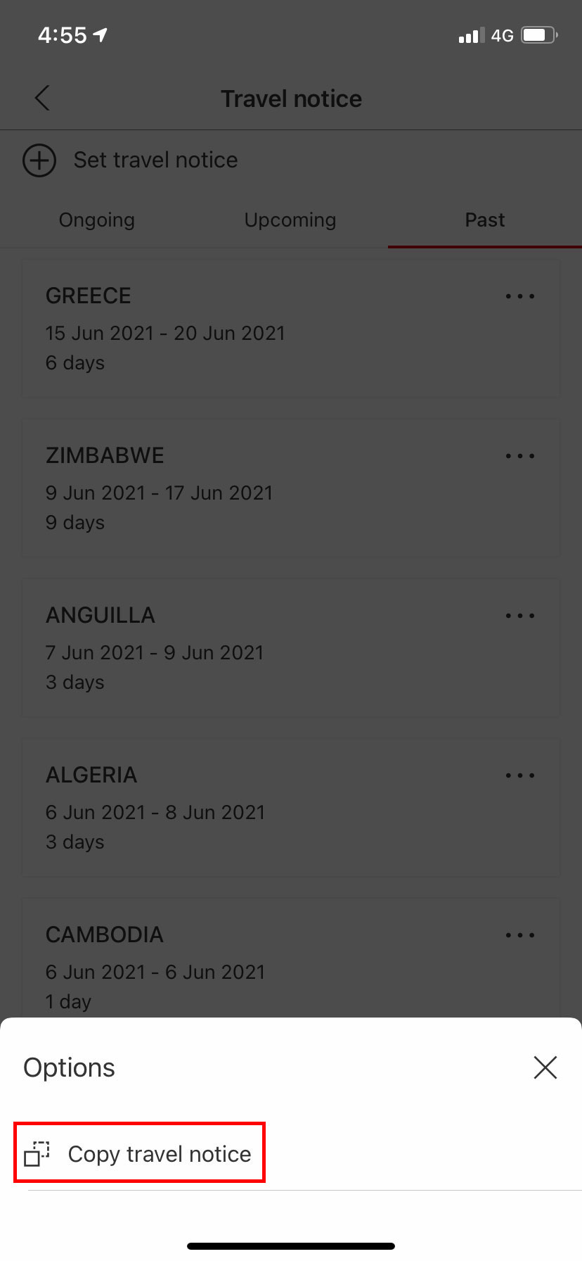 copy feature travel notices pop-up screen