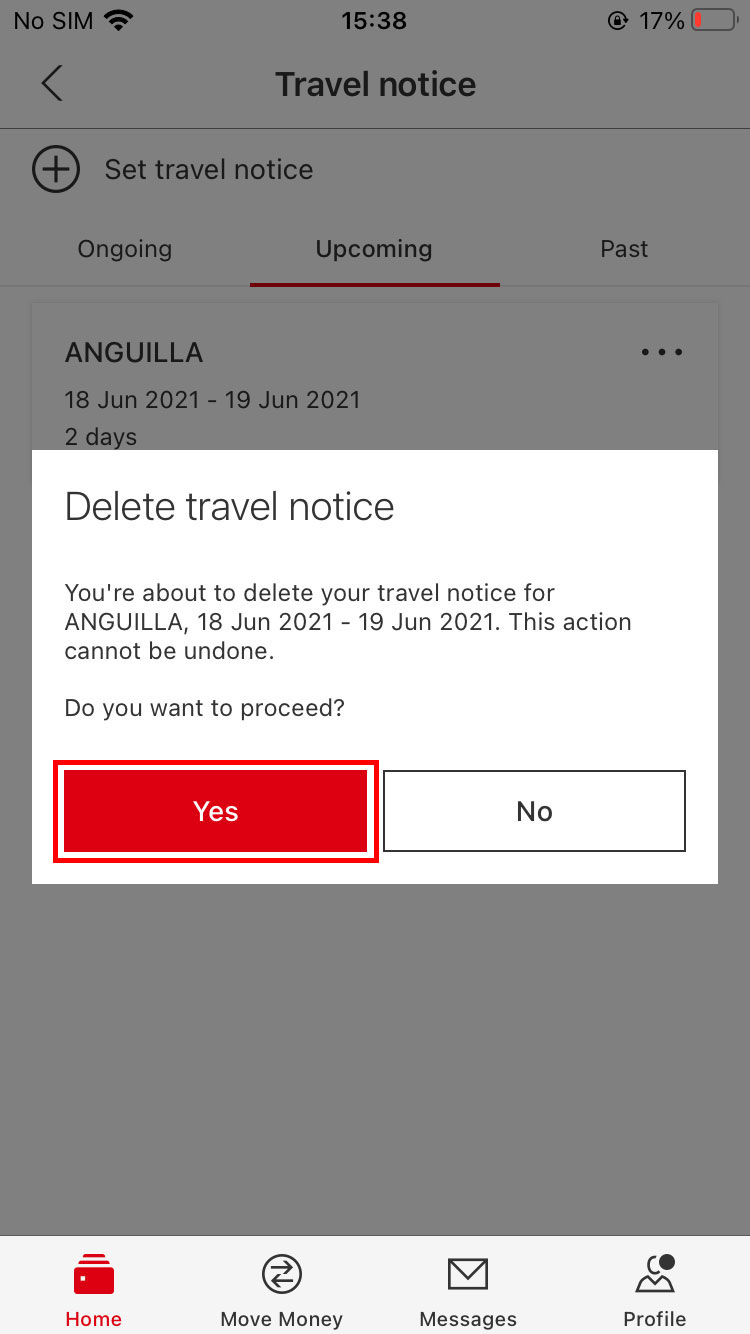 delete travel notice pop up screen