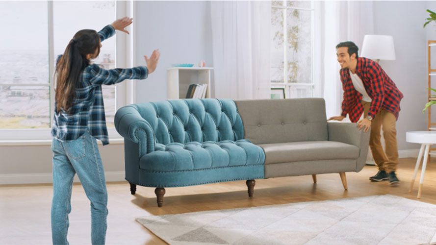 A cabinet, a bed, a tea table, and a sofa; image used for IKEA promotion page.