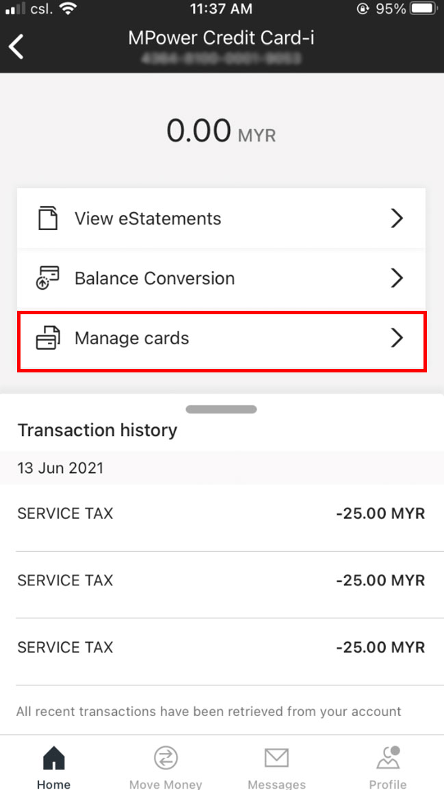 Select option to manage card interface