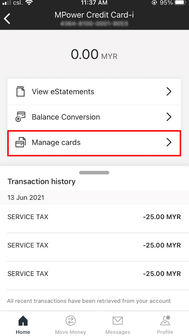 Select option to manage card interface